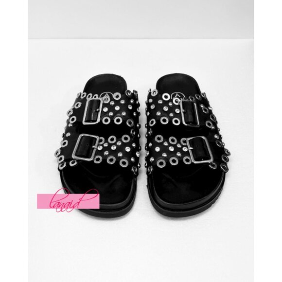 Ash Universe Slide Sandal Black Leather Studded Crystals Birks Flats Edgy Gothic - Picture 8 of 17